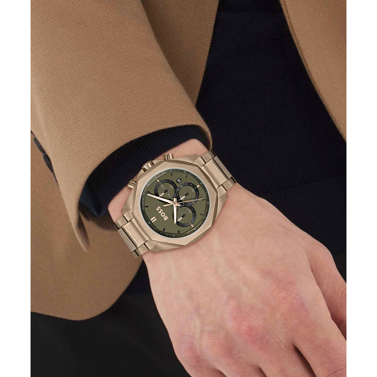 Hugo Boss Classic Chronograph Olive Green Dial Beige Gold Steel Strap Watch For Men - 1514019