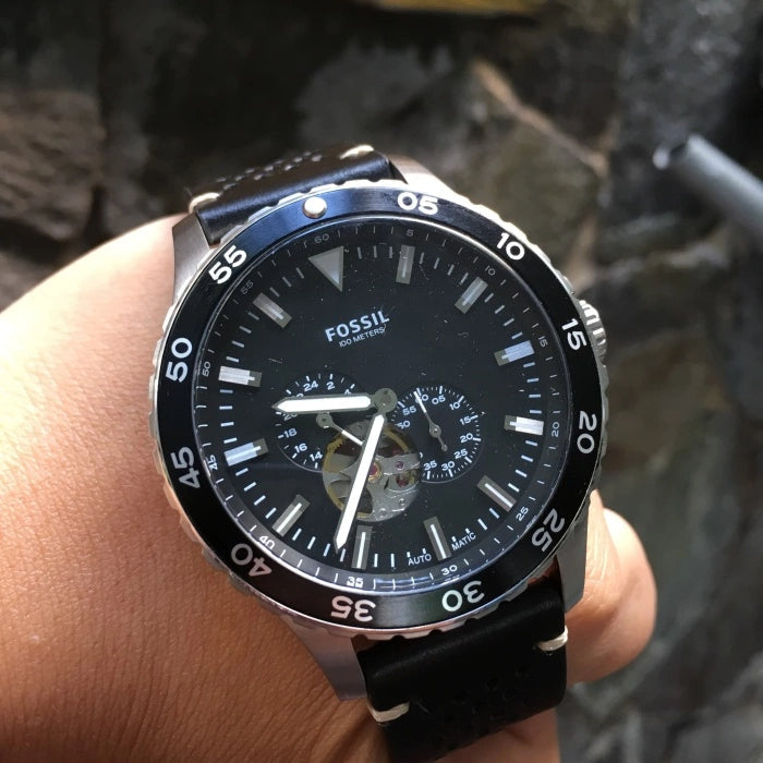 Shop Authentic Fossil Crewmaster Sports Automatic Black Dial Black Leather Strap Watch for Men - ME3148 - Luxxuri