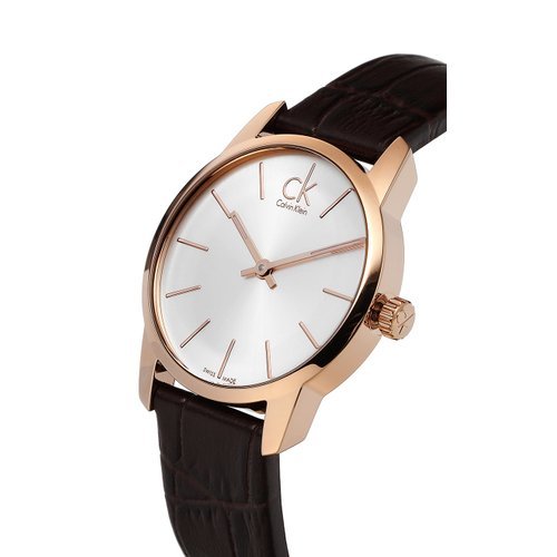 Shop Authentic Calvin Klein City White & Gold Dial Brown Leather Strap Watch For Women - K2G23620 - Luxxuri