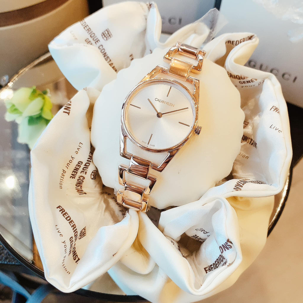 Shop Authentic Calvin Klein Snake Silver Dial Rose Gold Steel Strap Watch For Women - K6E23646 - Luxxuri