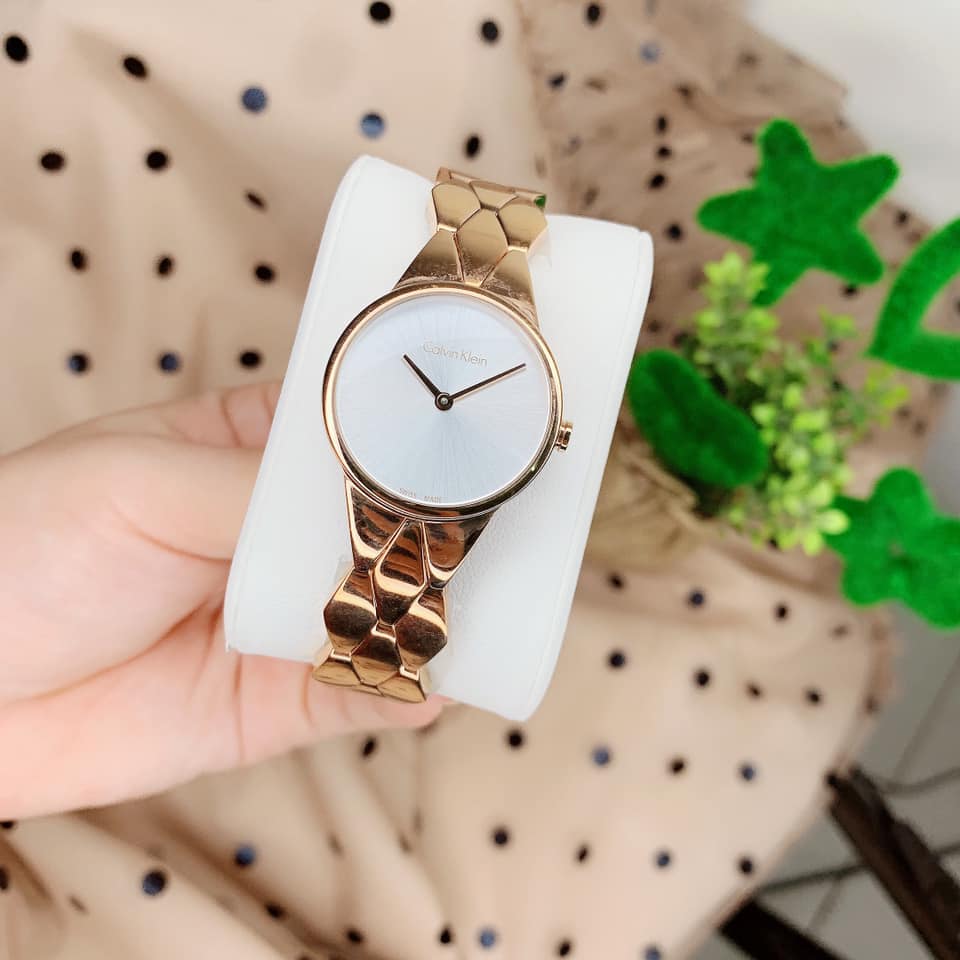 Shop Authentic Calvin Klein Snake Silver Dial Rose Gold Steel Strap Watch For Women - K6E23646 - Luxxuri