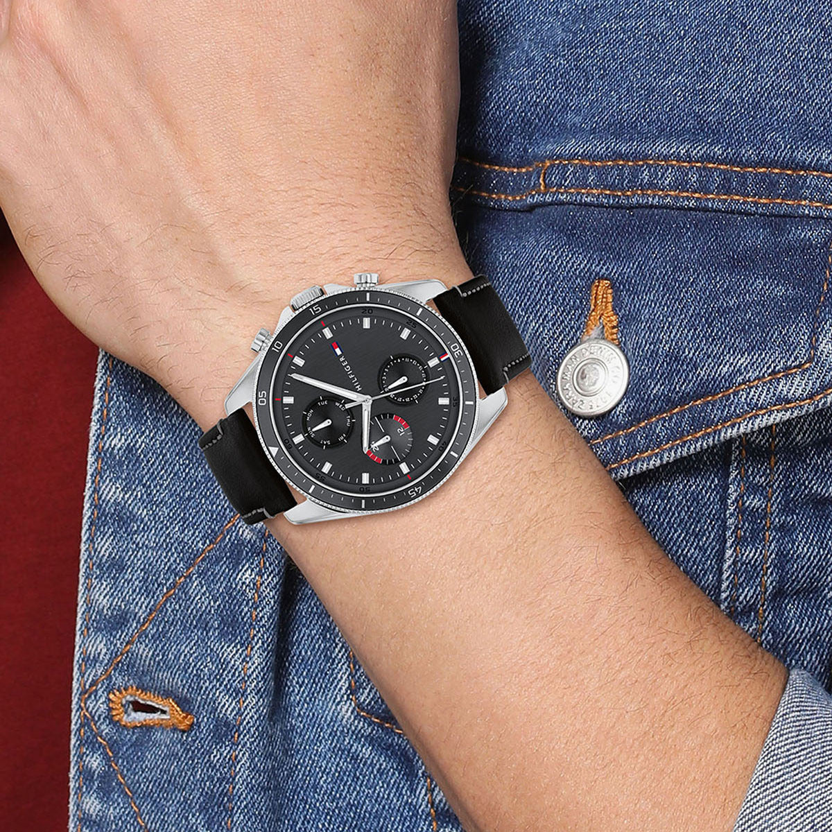 Shop Authentic Tommy Hilfiger Parker Chronograph Quartz Grey Dial Black Leather Strap Watch For Men - 1791838 - Luxxuri