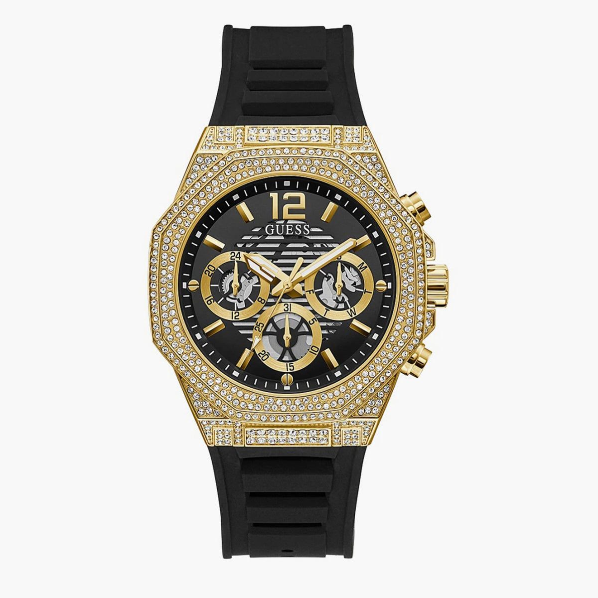Guess Momentum Chronograph Diamonds Black Dial Black Silicone Strap Watch For Men - GW0518G2