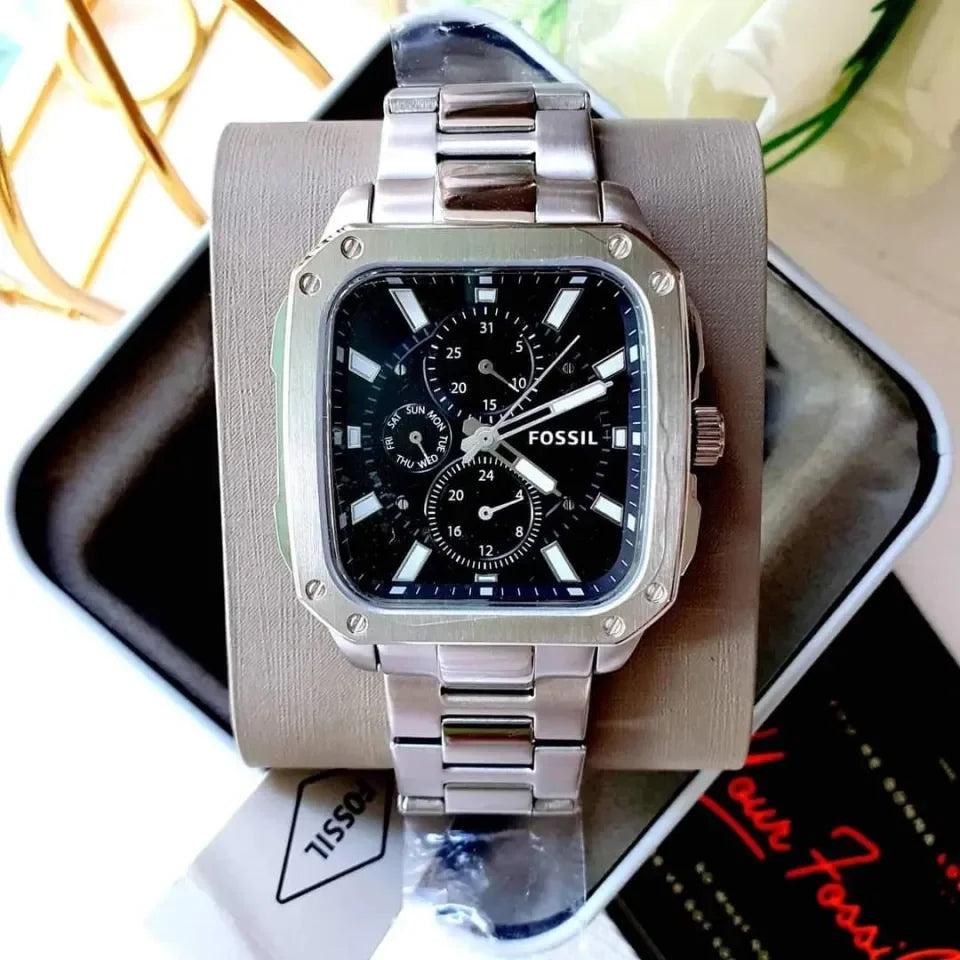 Shop Authentic Fossil Inscription Multifunction Black Dial Silver Steel Strap Watch for Men - BQ2655 - Luxxuri