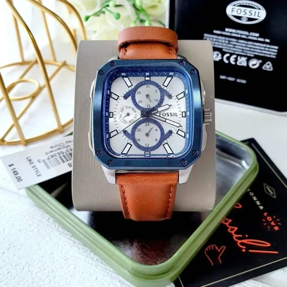 Shop Authentic Fossil Inscription Multifunction Silver Dial Brown Leather Strap Watch for Men - BQ2658 - Luxxuri