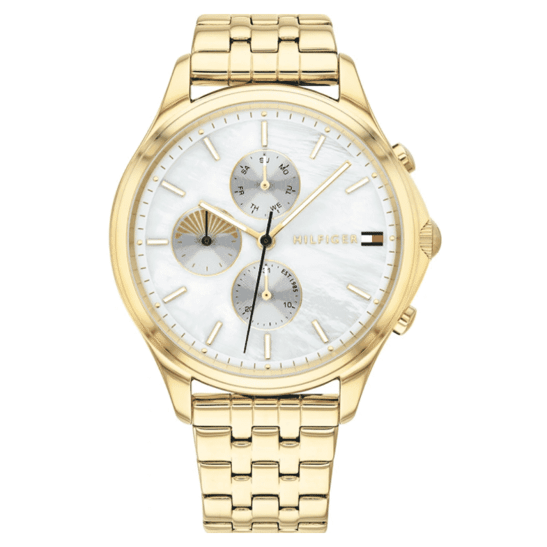 Shop Authentic Tommy Hilfiger Whitney Chronograph Quartz Mother of Pearl White Dial Gold Steel Strap Watch For Women - 1782121 - Luxxuri