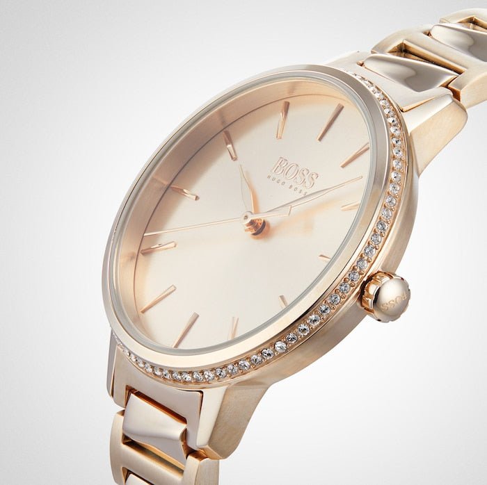 Shop Authentic Hugo Boss Signature Gold Dial Gold Stainless Steel Strap Watch for Women - 1502540 - Luxxuri