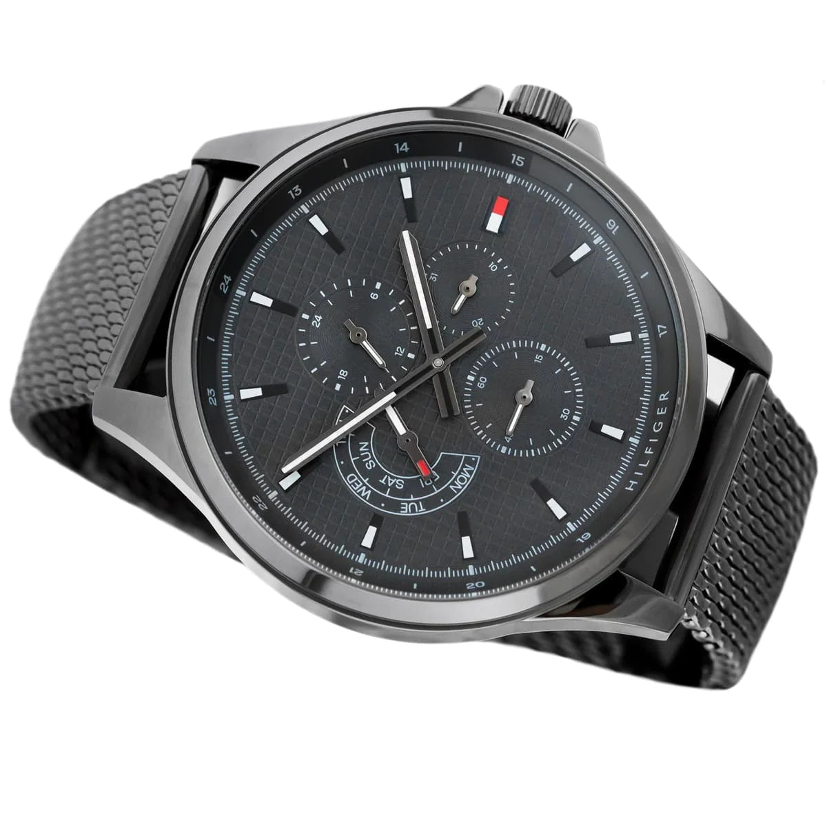 Shop Authentic Tommy Hilfiger Deacon Multifunction Black Dial Black Mesh Bracelet Watch for Men - 1791546 - Luxxuri