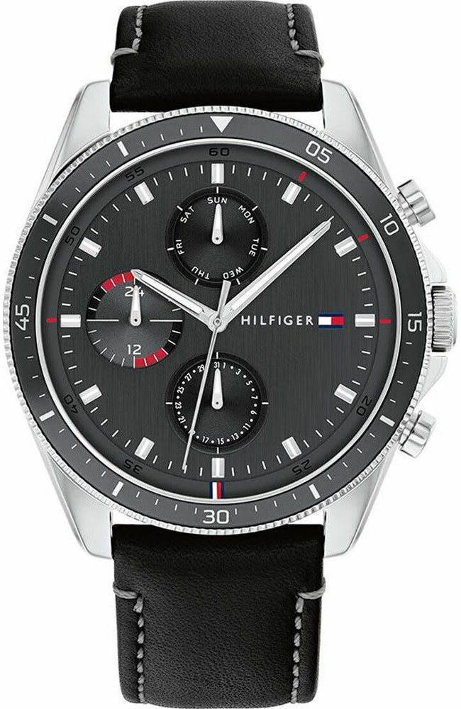 Shop Authentic Tommy Hilfiger Parker Chronograph Quartz Grey Dial Black Leather Strap Watch For Men - 1791838 - Luxxuri