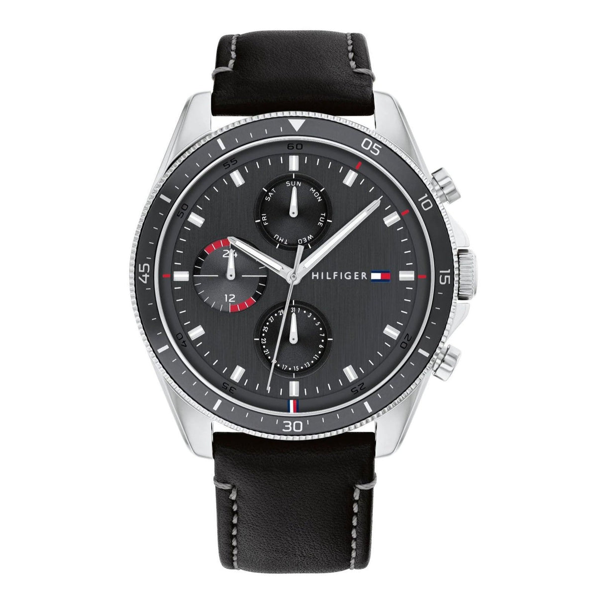 Shop Authentic Tommy Hilfiger Parker Chronograph Quartz Grey Dial Black Leather Strap Watch For Men - 1791838 - Luxxuri