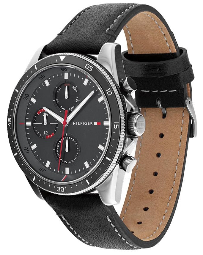 Shop Authentic Tommy Hilfiger Parker Chronograph Quartz Grey Dial Black Leather Strap Watch For Men - 1791838 - Luxxuri