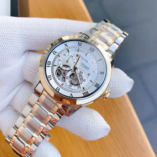 Shop Authentic Bulova BVA Skeleton Silver Dial Two Tone Steel Strap Watch for Men - 98A230 - Luxxuri