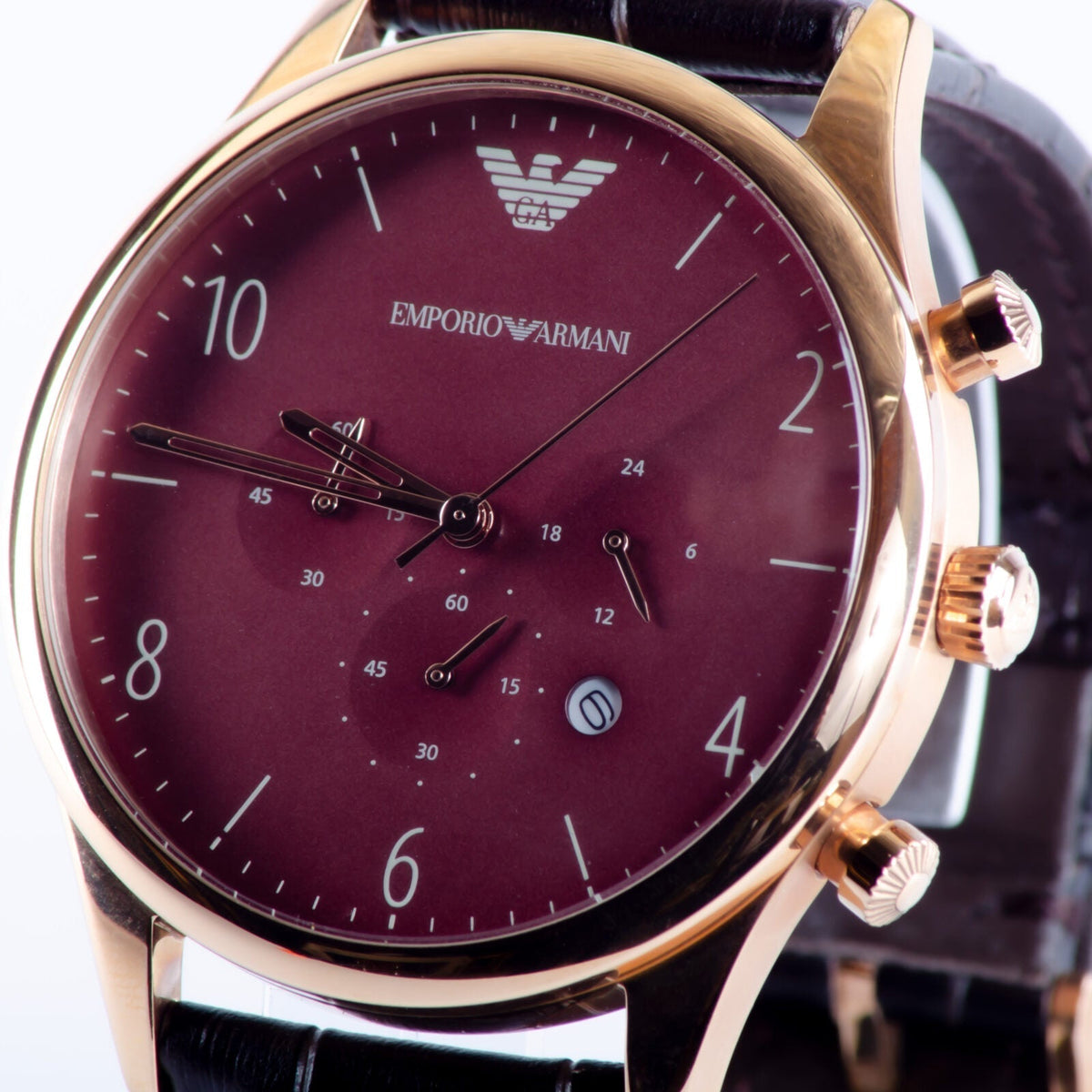 Shop Authentic Emporio Armani Classic Chronograph Burgundy Dial Brown Leather Strap Watch For Men - AR1890 - Luxxuri