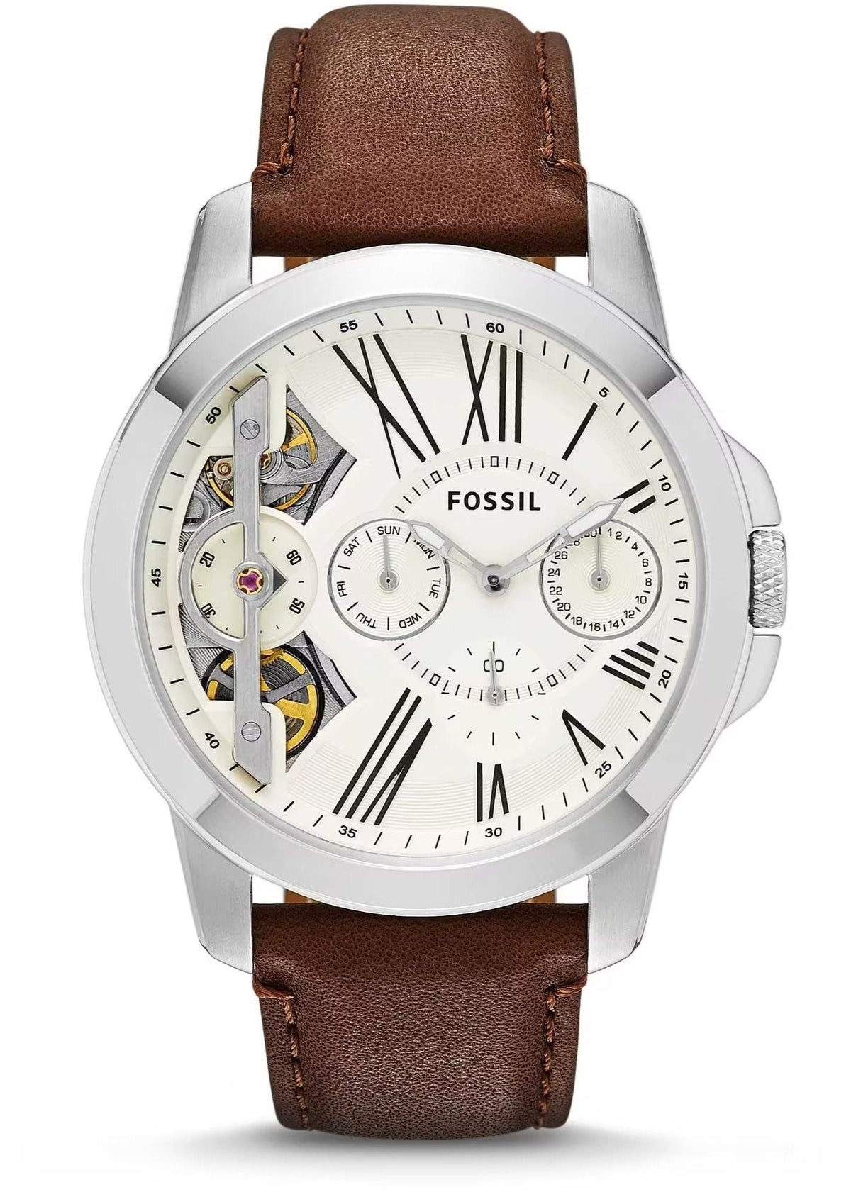 Shop Authentic Fossil Grant Twist Multi-Function White Dial Brown Leather Strap Watch for Men - ME1144 - Luxxuri