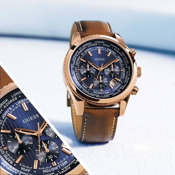 Shop Authentic Guess Persuit Chronograph Blue Dial Brown Leather Strap Watch for Men - W0500G1 - Luxxuri