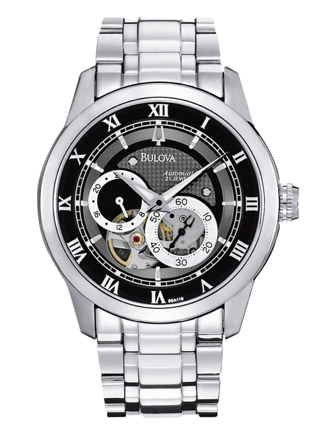 Shop Authentic Bulova BVA Dual Aperture Black Dial Silver Steel Strap Watch for Men - 96A119 - Luxxuri