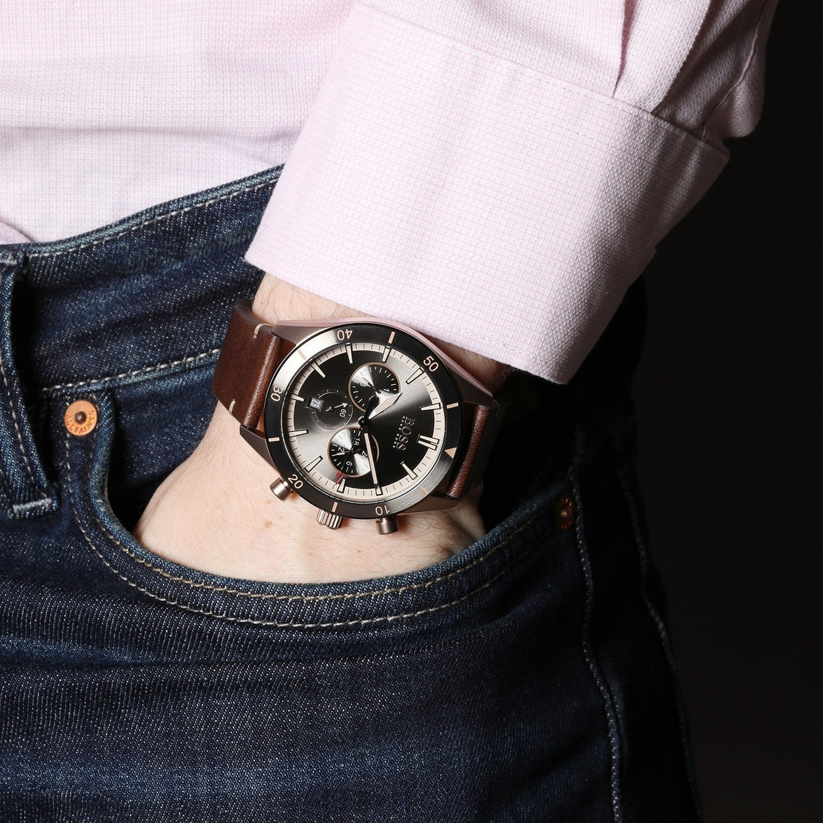 Shop Authentic Hugo Boss Santiago Grey Dial Brown Leather Strap Watch for Men - 1513861 - Luxxuri