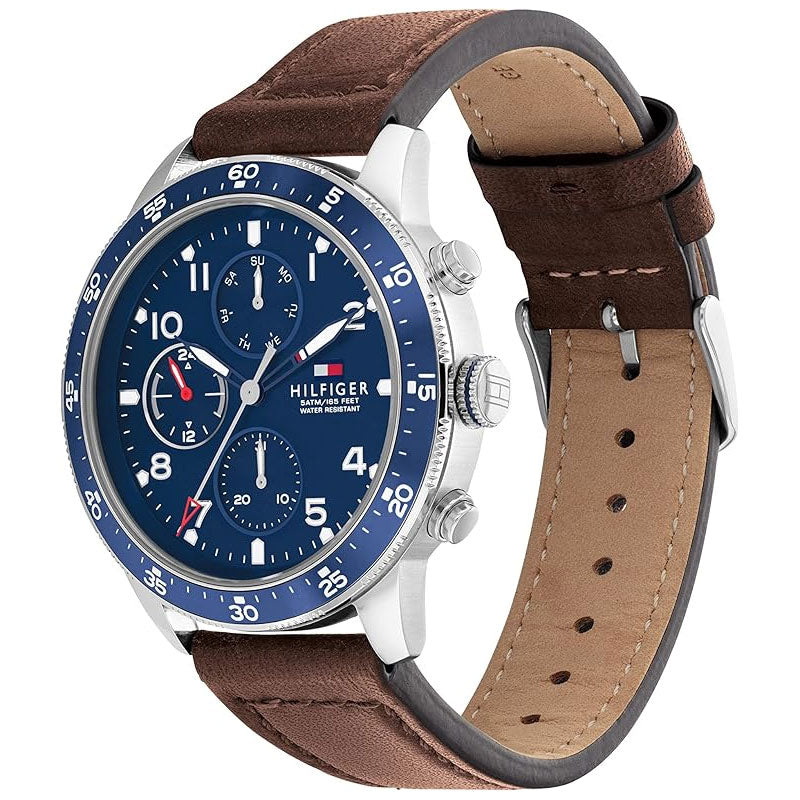 Shop Authentic Tommy Hilfiger Jimmy Chronograph Quartz Blue Dial Brown Leather Strap Watch For Men - 1791946 - Luxxuri
