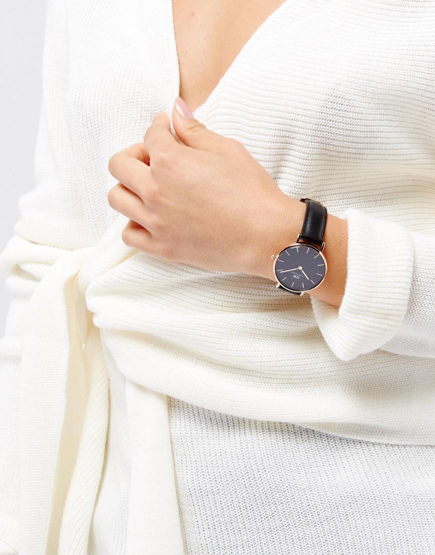Shop Authentic Daniel Wellington Petite Sheffield Black Dial Black Leather Strap Watch For Women - DW00100168 - Luxxuri