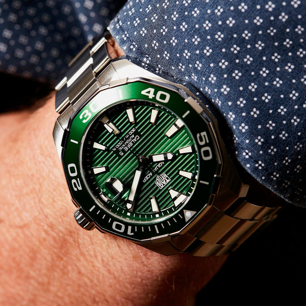 Shop Authentic Tag Heuer Aquaracer Calibre 5 Green Dial Silver Steel Strap Watch for Men - WAY201S.BA0927 - Luxxuri