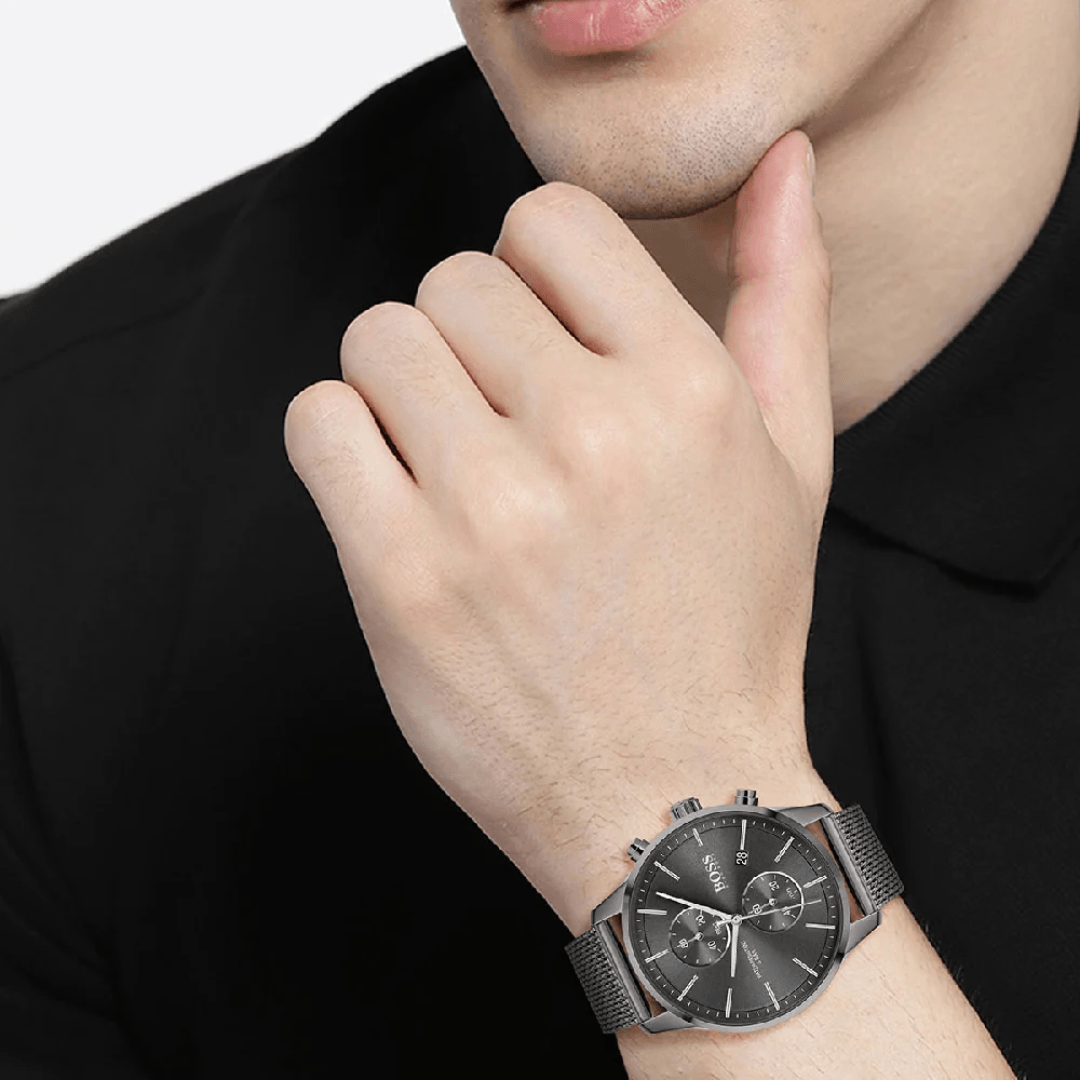 Hugo Boss Associate Chronograph Black Dial Black Mesh Bracelet Watch for Men - 1513769