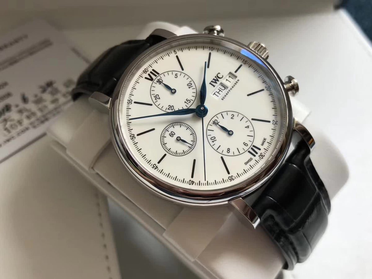 Shop Authentic IWC Portofino Chronograph White Dial Black Leather Strap Watch for Men - IW391024 - Luxxuri