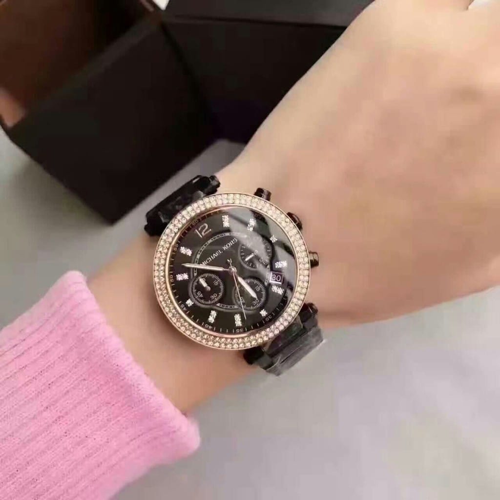 Shop Authentic Michael Kors Parker Diamonds Black Dial Black Steel Strap Watch for Women - MK5885 - Luxxuri
