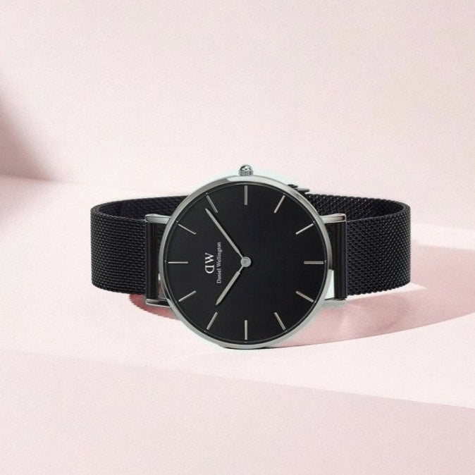 Shop Authentic Daniel Wellington Petite Ashfield Black Dial Black Mesh Strap Watch For Women - DW00100202 - Luxxuri