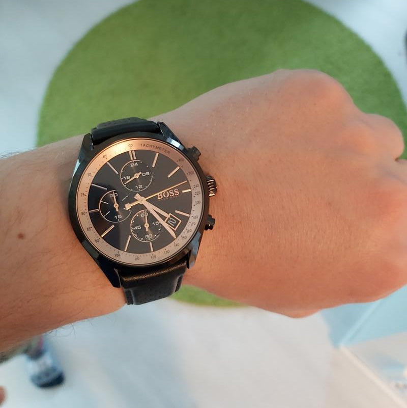 Shop Authentic Hugo Boss Grand Prix Chronograph Black Dial Black Leather Strap Watch for Men - 1513550 - Luxxuri