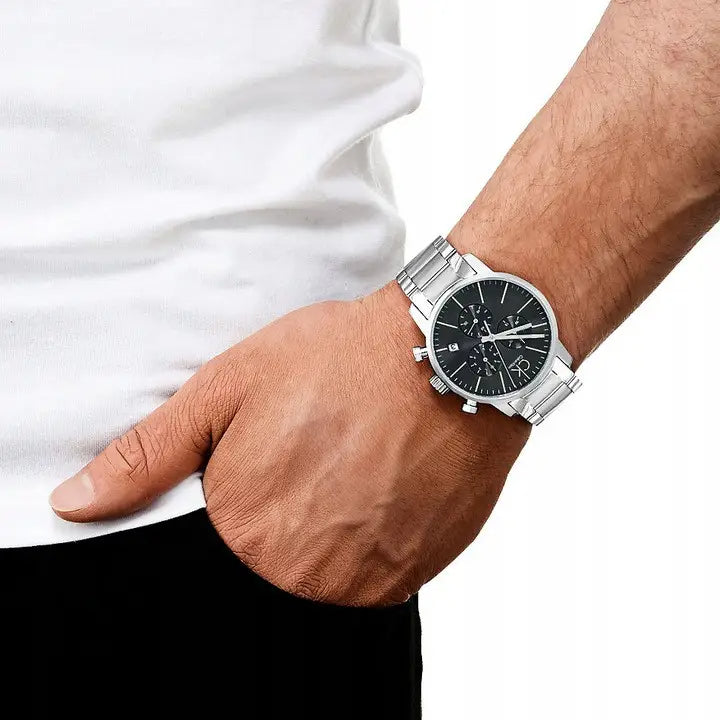 Shop Authentic Calvin Klein City Chronograph Black Dial Silver Steel Strap Watch for Men - K2G27143 - Luxxuri