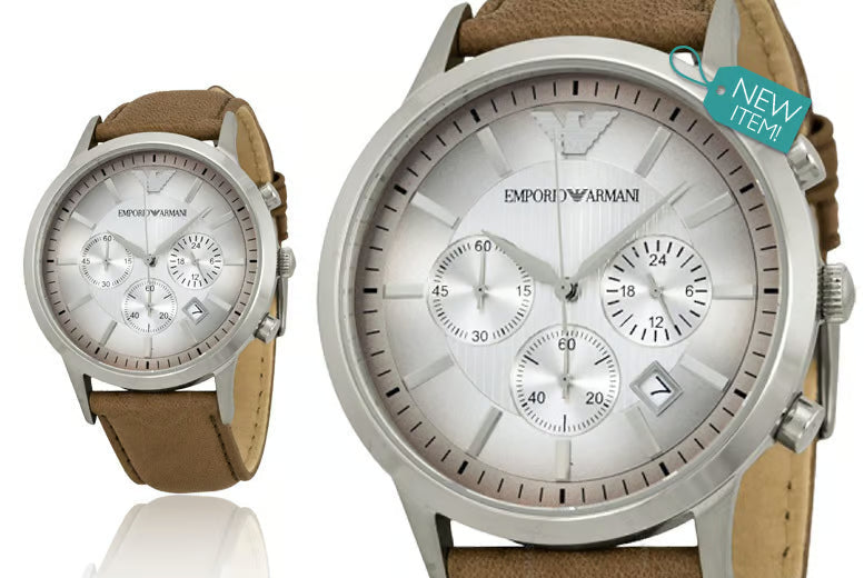 Shop Authentic Emporio Armani Classic Chronograph Silver Dial Brown Leather Strap Watch For Men - AR2471 - Luxxuri