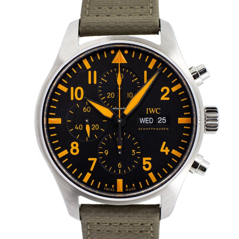 Shop Authentic IWC Pilot's Watch Chronograph Black Dial Olive Green Calfskin Strap Watch for Men - IW377730 - Luxxuri