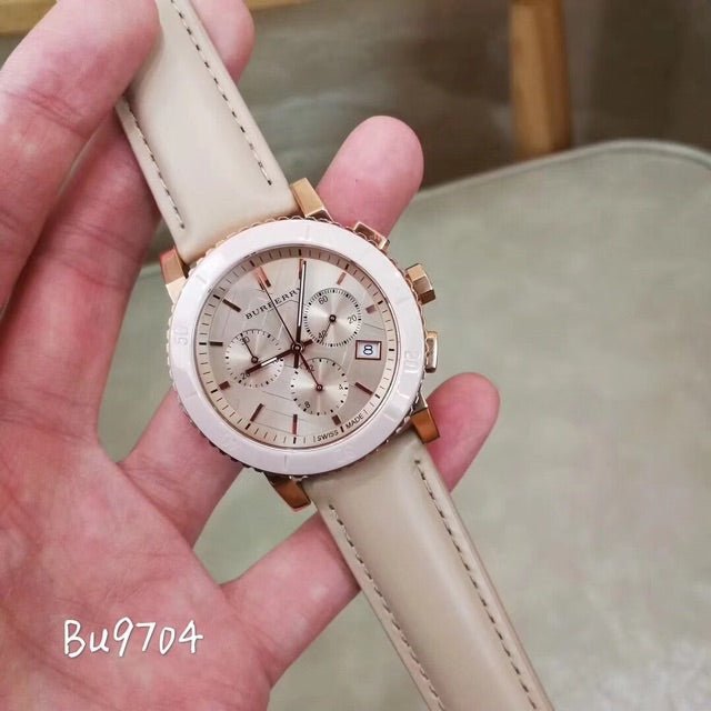 Shop Authentic Burberry Chronograph Rose Gold Dial Beige Leather Strap Watch for Women - BU9704 - Luxxuri