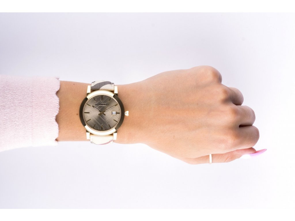 Shop Authentic Burberry The City Gold Dial Haymarket Brown Leather Strap Watch for Women - BU9026 - Luxxuri