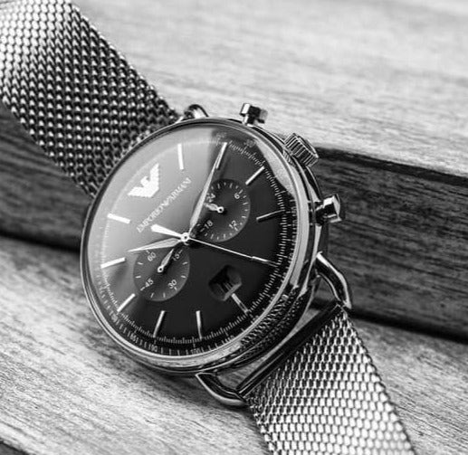 Shop Authentic Emporio Armani Chronograph Black Dial Silver Mesh Bracelet Watch For Men - AR11104 - Luxxuri