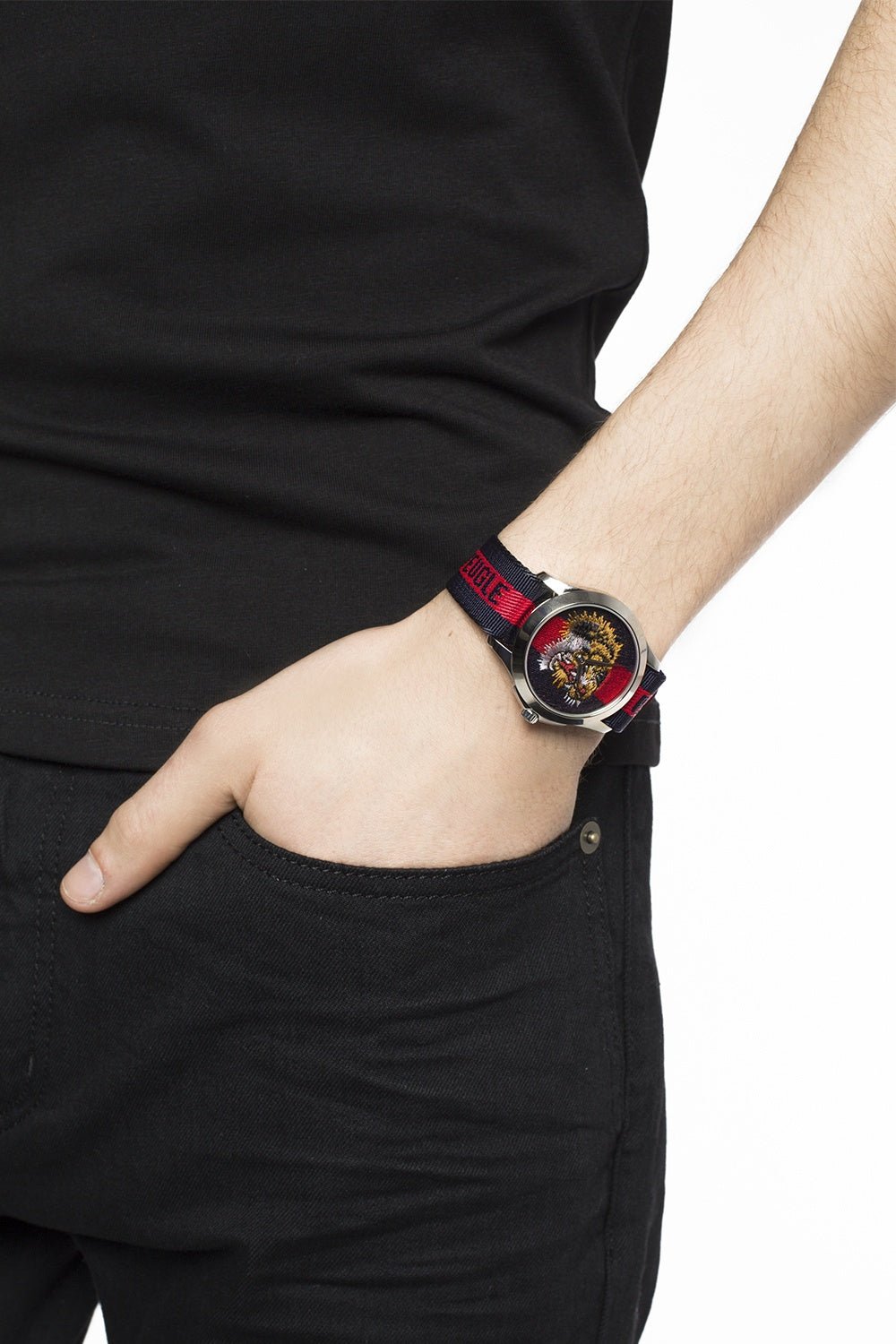 Gucci G Timless Le Marche Des Merveilles Blue & Red Dial Blue & Red Nylon Strap Unisex Watch - YA126495