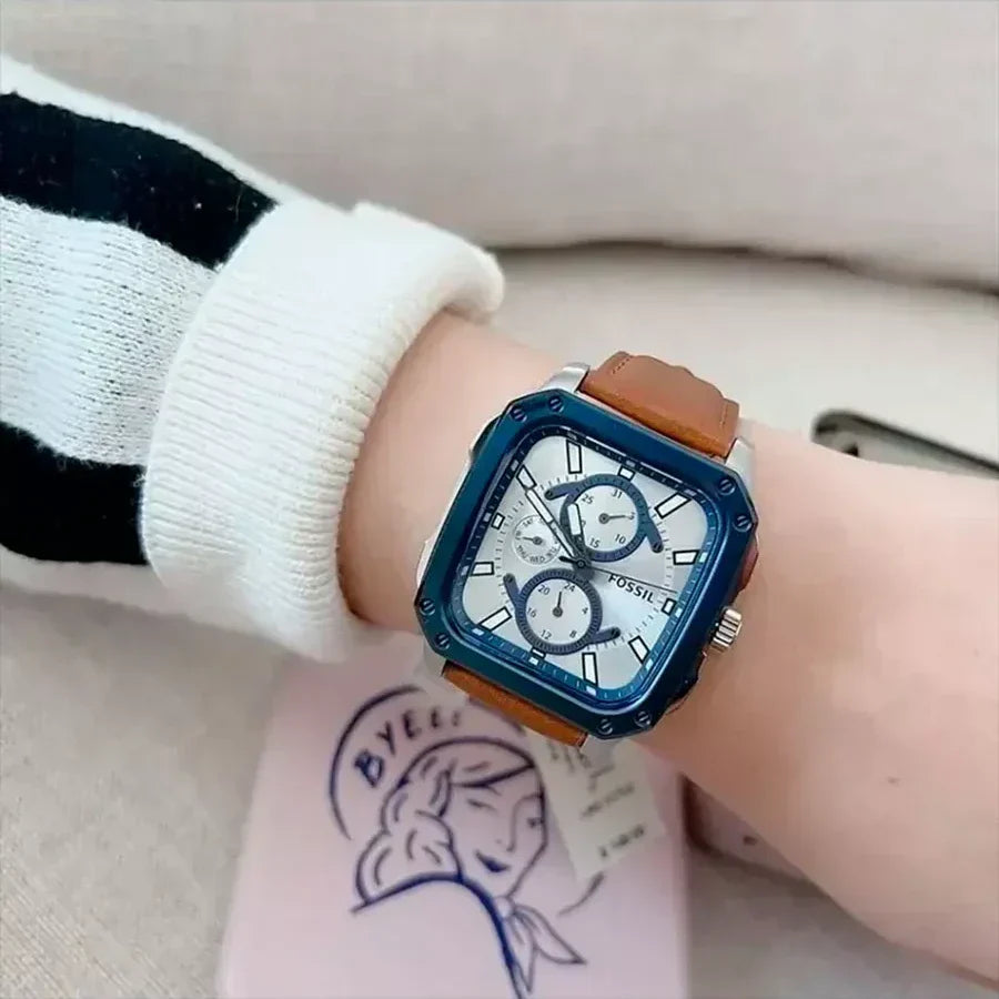 Shop Authentic Fossil Inscription Multifunction Silver Dial Brown Leather Strap Watch for Men - BQ2658 - Luxxuri