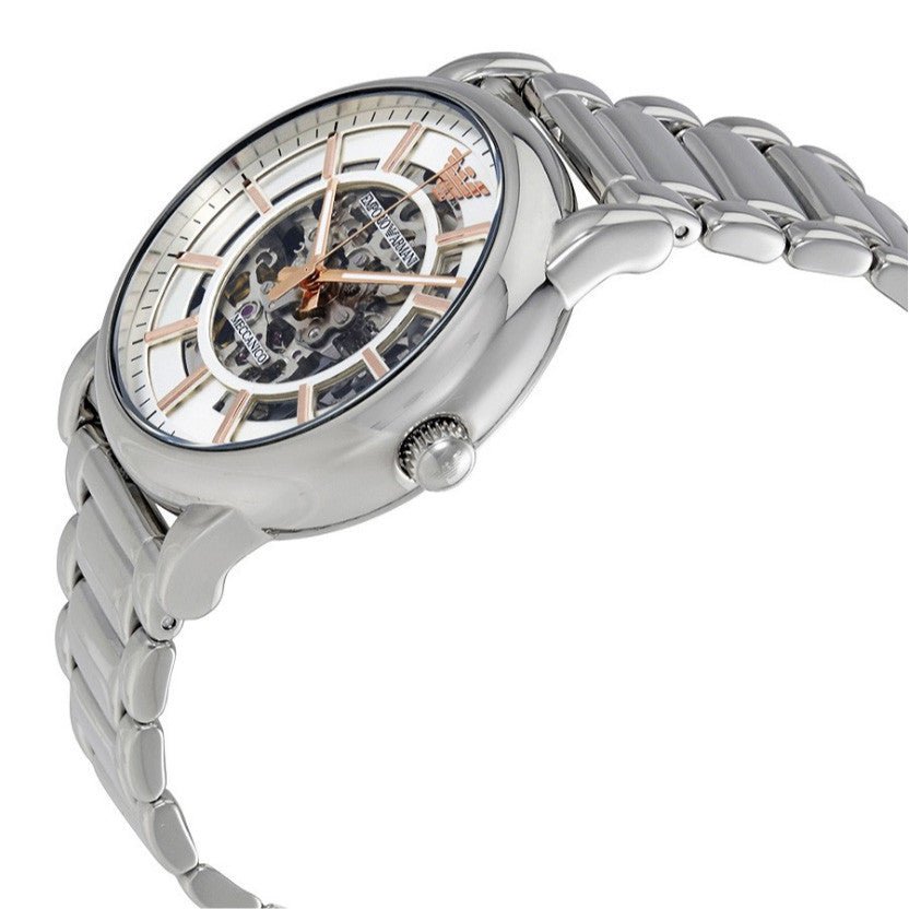 Shop Authentic Emporio Armani Meccanico Skeleton Silver Dial Silver Steel Strap Watch For Men - AR1980 - Luxxuri