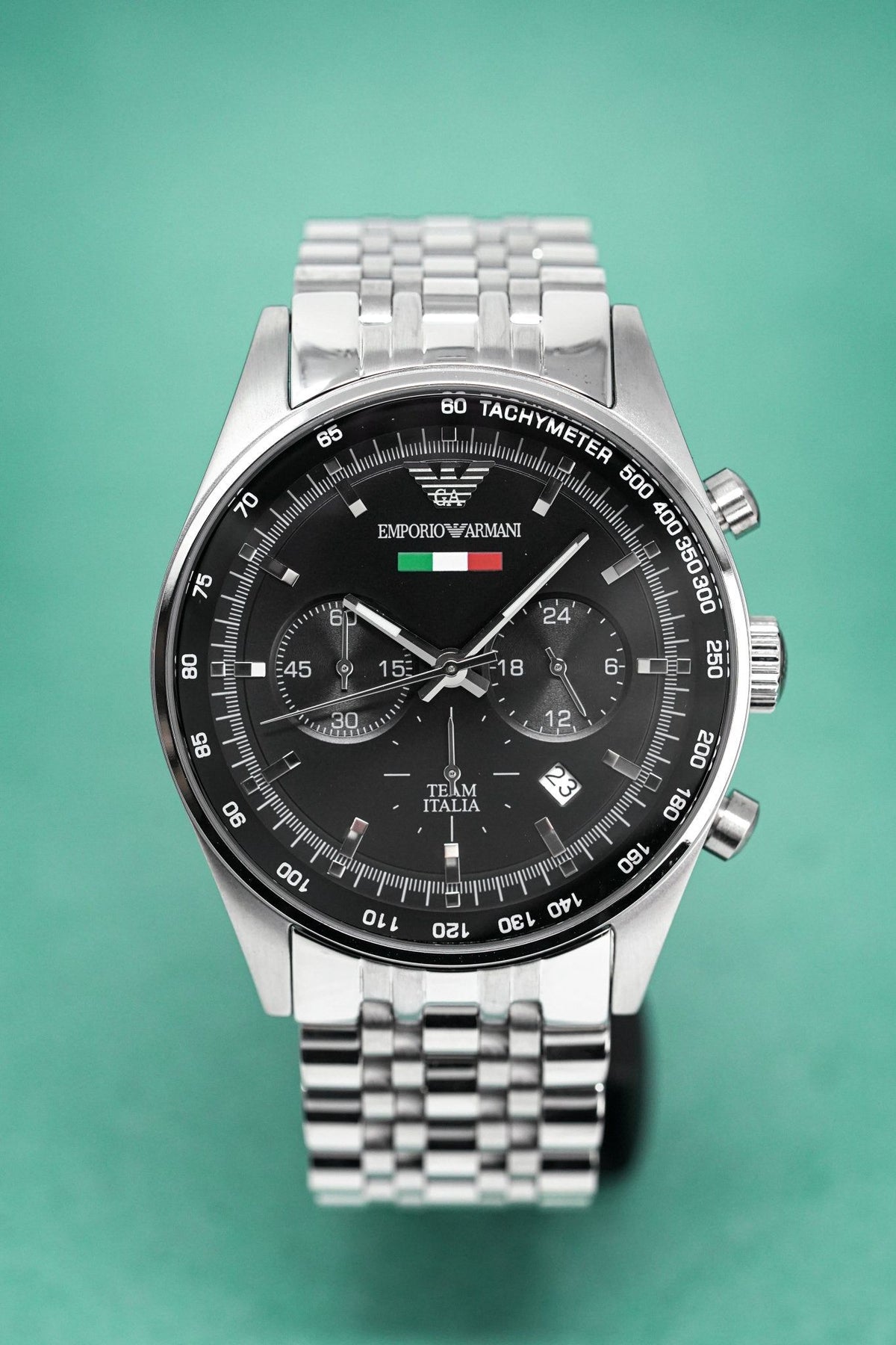 Shop Authentic Emporio Armani Sportivo Chronograph Black Dial Silver Steel Strap Watch For Men - AR5984 - Luxxuri