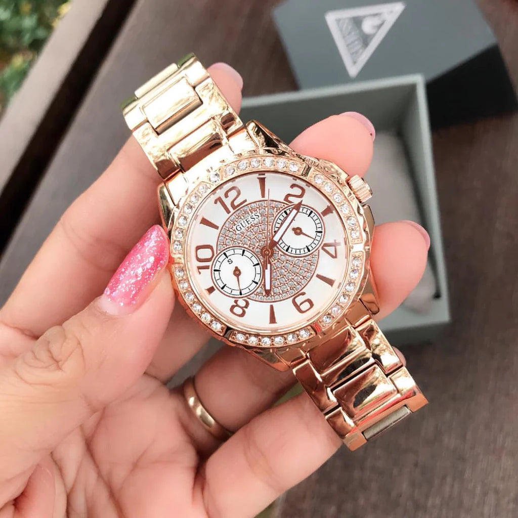 Shop Authentic Guess Sassy Quartz White Dial Rose Gold Steel Strap Watch For Women - W0705L3 - Luxxuri