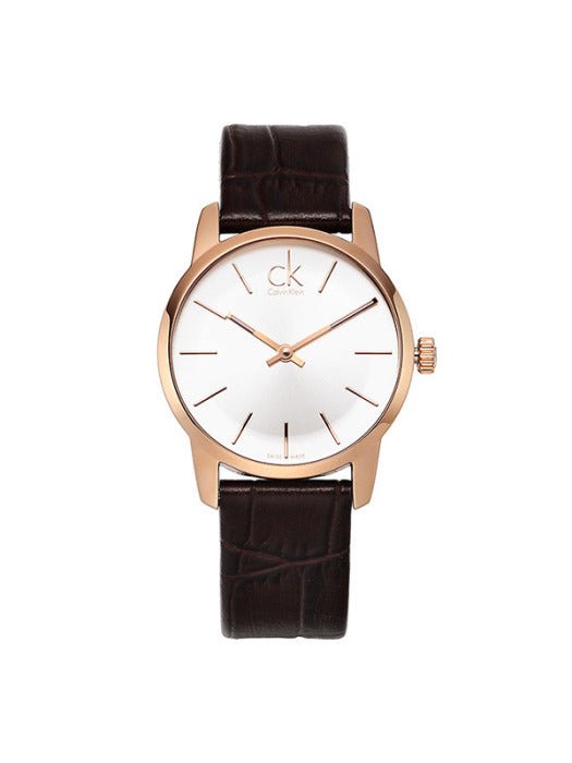 Shop Authentic Calvin Klein City White & Gold Dial Brown Leather Strap Watch For Women - K2G23620 - Luxxuri