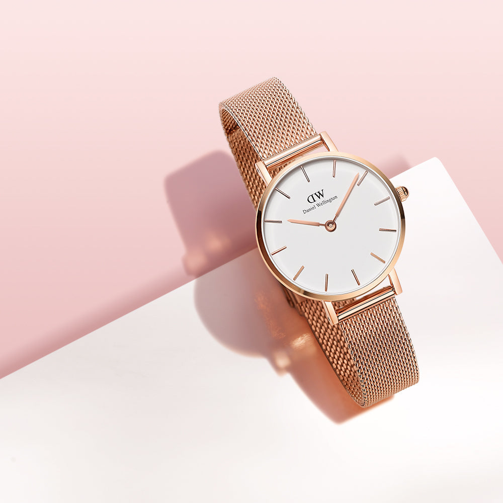 Shop Authentic Daniel Wellington Classic Petite Melrose White Dial Rose Gold Mesh Bracelet Watch For Women - DW00100163 - Luxxuri