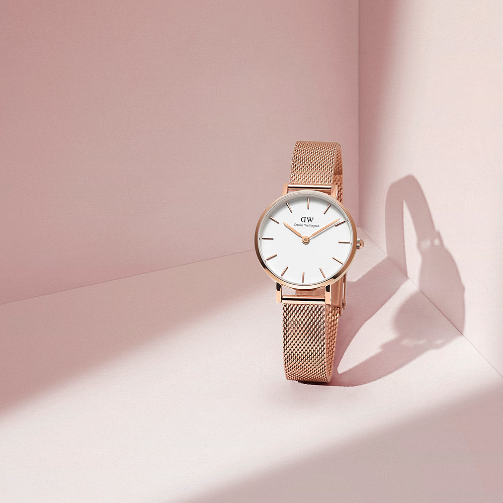 Shop Authentic Daniel Wellington Classic Petite Melrose White Dial Rose Gold Mesh Bracelet Watch For Women - DW00100163 - Luxxuri