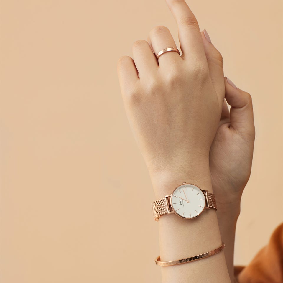 Shop Authentic Daniel Wellington Classic Petite Melrose White Dial Rose Gold Mesh Bracelet Watch For Women - DW00100163 - Luxxuri