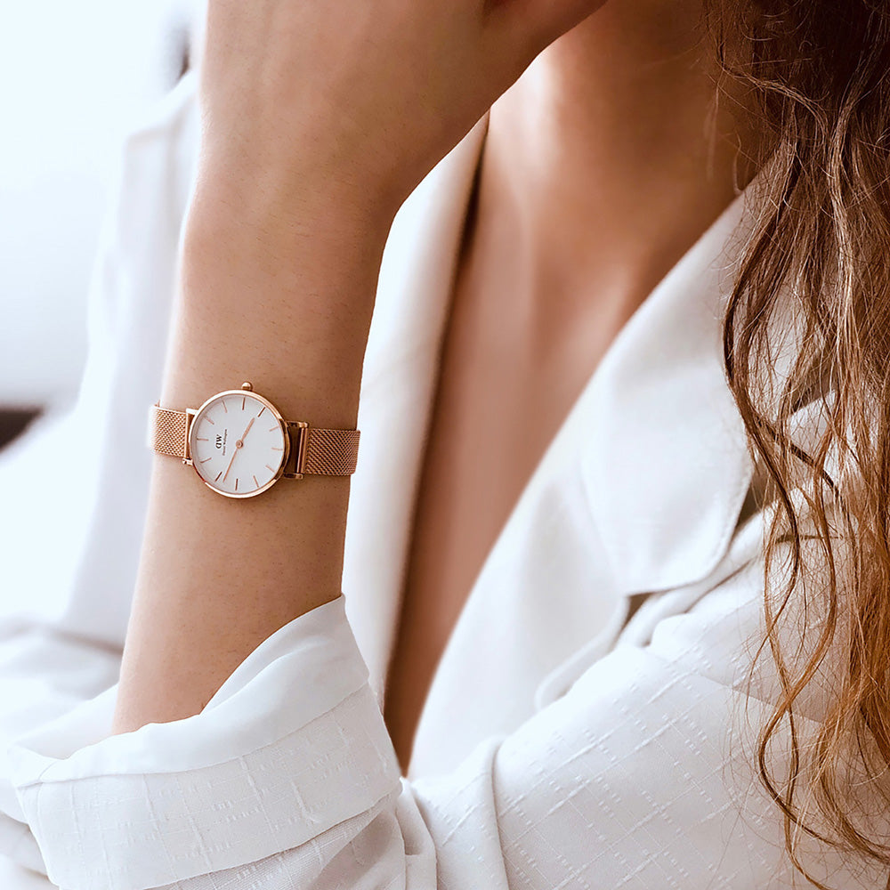Shop Authentic Daniel Wellington Classic Petite White Dial Rose Gold Mesh Bracelet Watch For Women - DW00100219 - Luxxuri