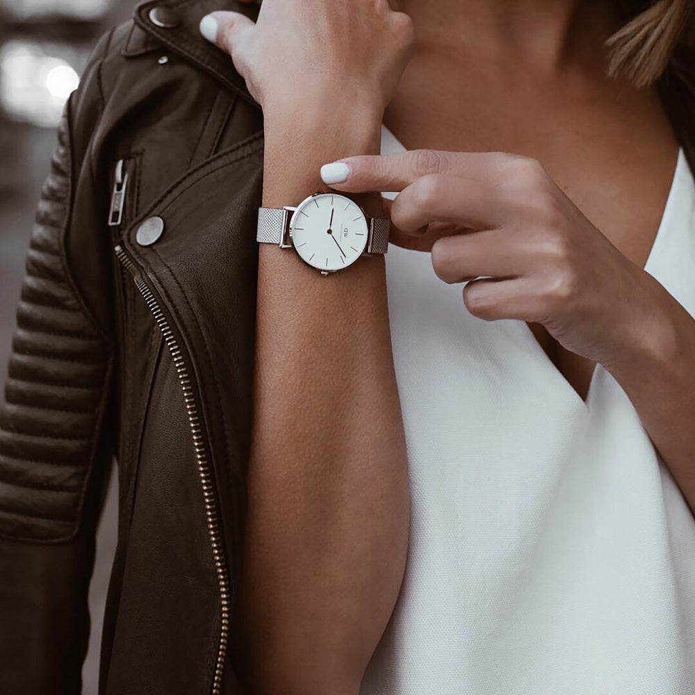 Shop Authentic Daniel Wellington Petite Sterling White Dial Silver Mesh Bracelet Watch For Women - DW00100220 - Luxxuri