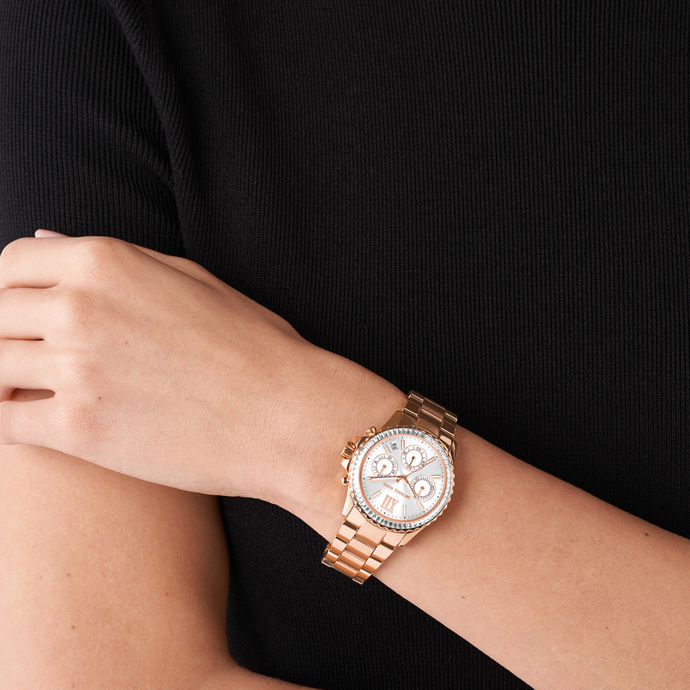 Shop Authentic Michael Kors Everest Chronograph Silver Dial Rose Gold Steel Strap Watch For Women - MK7213 - Luxxuri