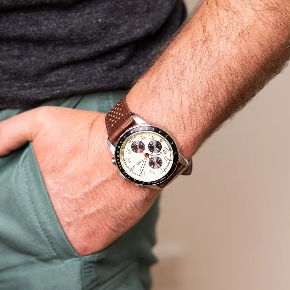 Shop Authentic Fossil Sport Tourer Chronograph White Dial Brown Leather Strap Watch for Men - FS6042 - Luxxuri