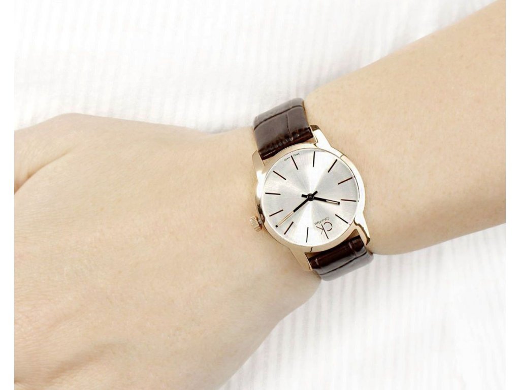 Shop Authentic Calvin Klein City White & Gold Dial Brown Leather Strap Watch For Women - K2G23620 - Luxxuri
