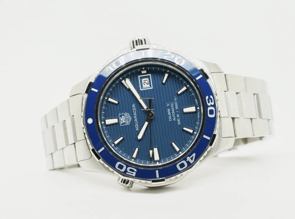 Shop Authentic Tag Heuer Aquaracer Calibre 5 Automatic Blue Dial Silver Steel Strap Watch for Men - WAK2111.BA0830 - Luxxuri